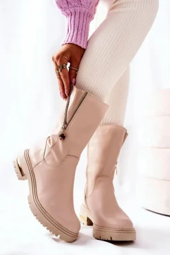 Hot Boto Skórzane Ocieplane Botki Kozaki Beżowe Florency