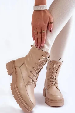 Skórzane Ocieplane Botki La.Fi 250009TA-QN Beżowe Damskie Damskie Trapery|Botki Sznurowane