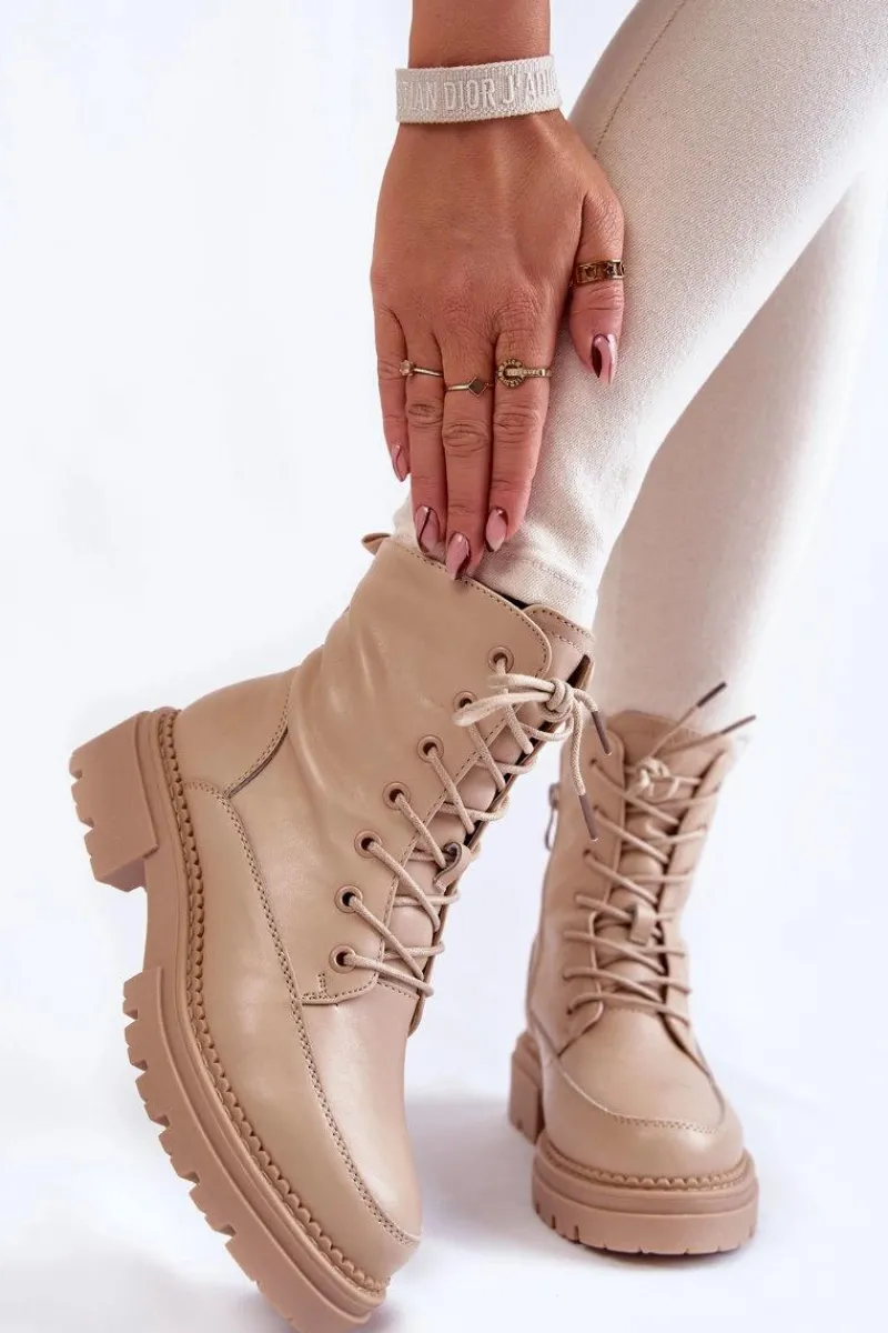 Skórzane Ocieplane Botki La.Fi 250009TA-QN Beżowe Damskie Damskie Trapery|Botki Sznurowane