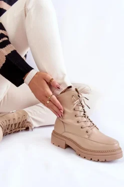 Skórzane Ocieplane Botki La.Fi 250009TA-QN Beżowe Damskie Damskie Trapery|Botki Sznurowane
