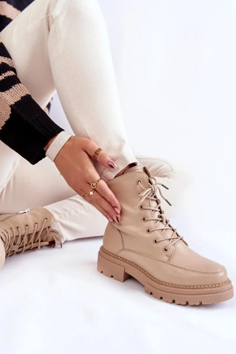 Skórzane Ocieplane Botki La.Fi 250009TA-QN Beżowe Damskie Damskie Trapery|Botki Sznurowane