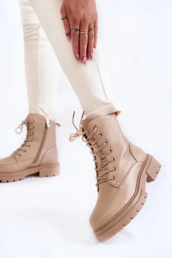 Skórzane Ocieplane Botki La.Fi 250009TA-QN Beżowe Damskie Damskie Trapery|Botki Sznurowane