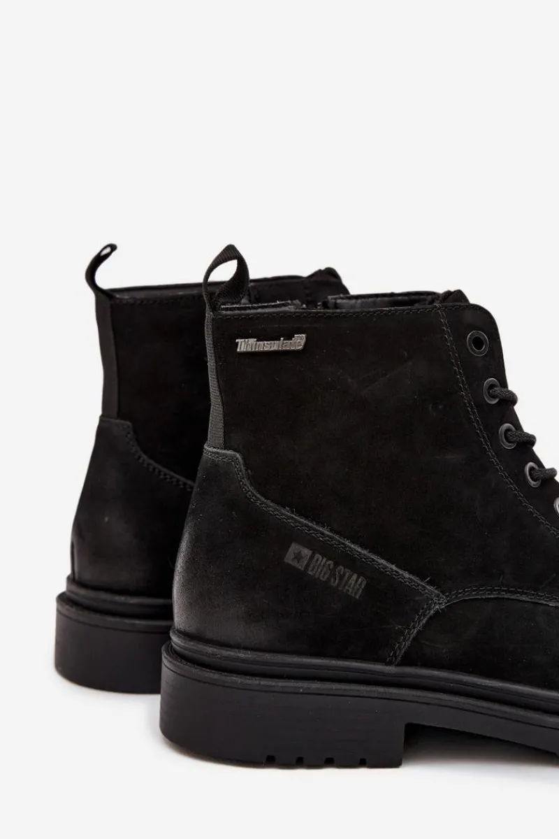 Online Skórzane Ocieplane Botki Męskie Na Zamek Big Star OO174148 Czarne Męskie Botki Męskie