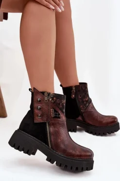 Hot Skórzane Ocieplane Botki Na Platformie I Płaskim Obcasie 06140-02 Brązowe Damskie Botki Ocieplane|Botki Maciejka