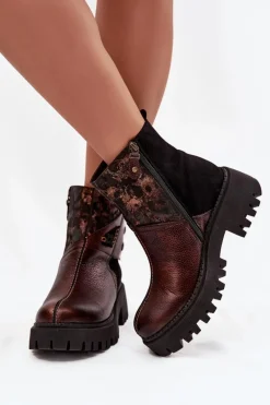 Hot Skórzane Ocieplane Botki Na Platformie I Płaskim Obcasie 06140-02 Brązowe Damskie Botki Ocieplane|Botki Maciejka