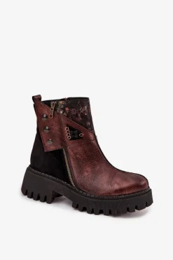 Hot Skórzane Ocieplane Botki Na Platformie I Płaskim Obcasie 06140-02 Brązowe Damskie Botki Ocieplane|Botki Maciejka