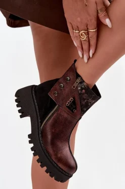 Hot Skórzane Ocieplane Botki Na Platformie I Płaskim Obcasie 06140-02 Brązowe Damskie Botki Ocieplane|Botki Maciejka