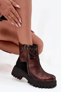 Hot Skórzane Ocieplane Botki Na Platformie I Płaskim Obcasie 06140-02 Brązowe Damskie Botki Ocieplane|Botki Maciejka