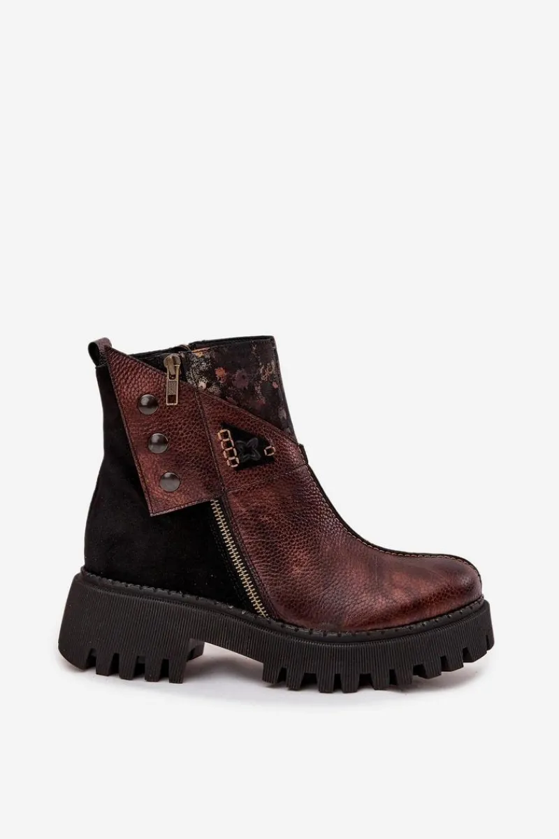 Hot Skórzane Ocieplane Botki Na Platformie I Płaskim Obcasie 06140-02 Brązowe Damskie Botki Ocieplane|Botki Maciejka