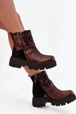 Hot Skórzane Ocieplane Botki Na Platformie I Płaskim Obcasie 06140-02 Brązowe Damskie Botki Ocieplane|Botki Maciejka