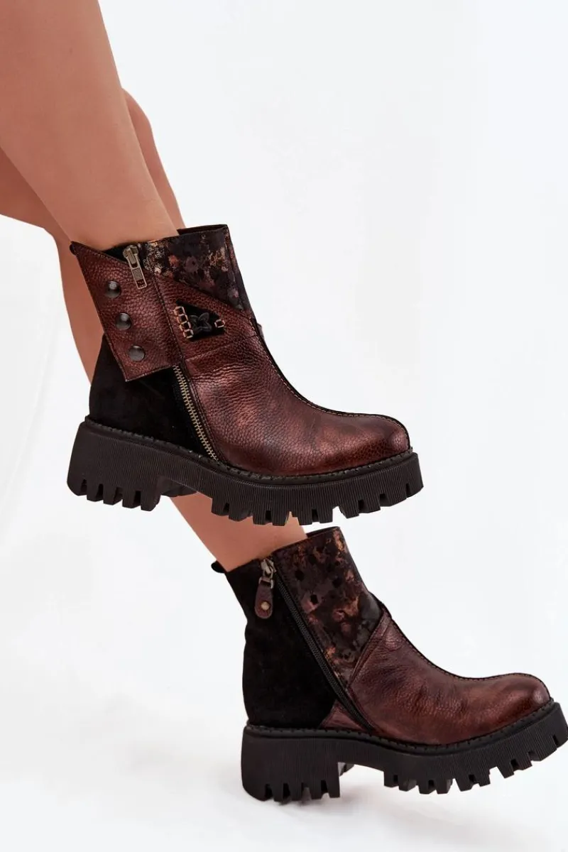 Hot Skórzane Ocieplane Botki Na Platformie I Płaskim Obcasie 06140-02 Brązowe Damskie Botki Ocieplane|Botki Maciejka