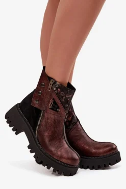 Hot Skórzane Ocieplane Botki Na Platformie I Płaskim Obcasie 06140-02 Brązowe Damskie Botki Ocieplane|Botki Maciejka