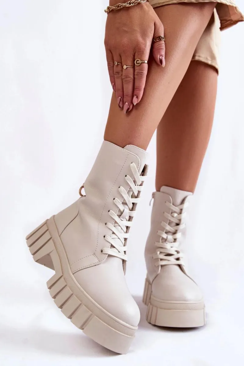 Damskie Trapery|Botki Sznurowane>Buty Sergio Leone Skórzane Ocieplane Botki Na Platformie Jasnobeżowe Telisa