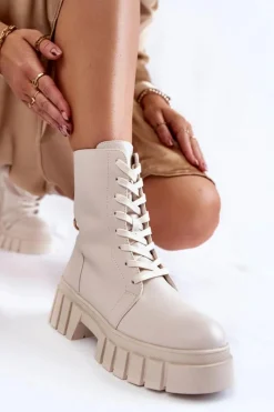 Damskie Trapery|Botki Sznurowane>Buty Sergio Leone Skórzane Ocieplane Botki Na Platformie Jasnobeżowe Telisa