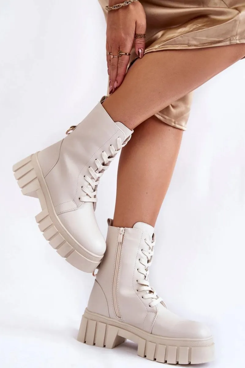 Damskie Trapery|Botki Sznurowane>Buty Sergio Leone Skórzane Ocieplane Botki Na Platformie Jasnobeżowe Telisa