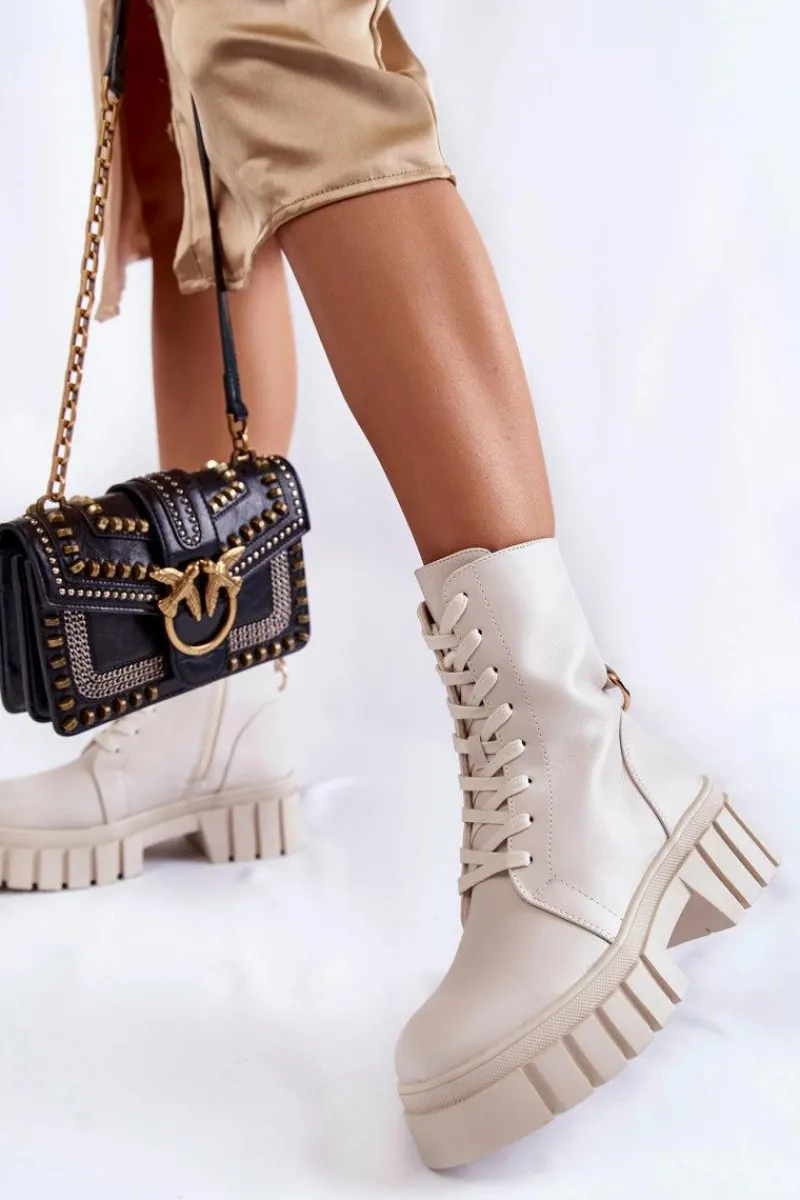 Damskie Trapery|Botki Sznurowane>Buty Sergio Leone Skórzane Ocieplane Botki Na Platformie Jasnobeżowe Telisa