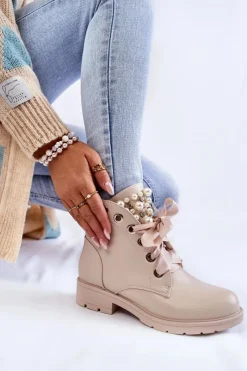 New Boto Skórzane Ocieplane Botki Na Suwak Z Perłami Beżowe Raiso