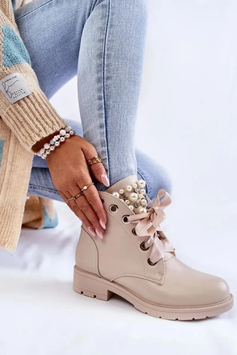 New Boto Skórzane Ocieplane Botki Na Suwak Z Perłami Beżowe Raiso