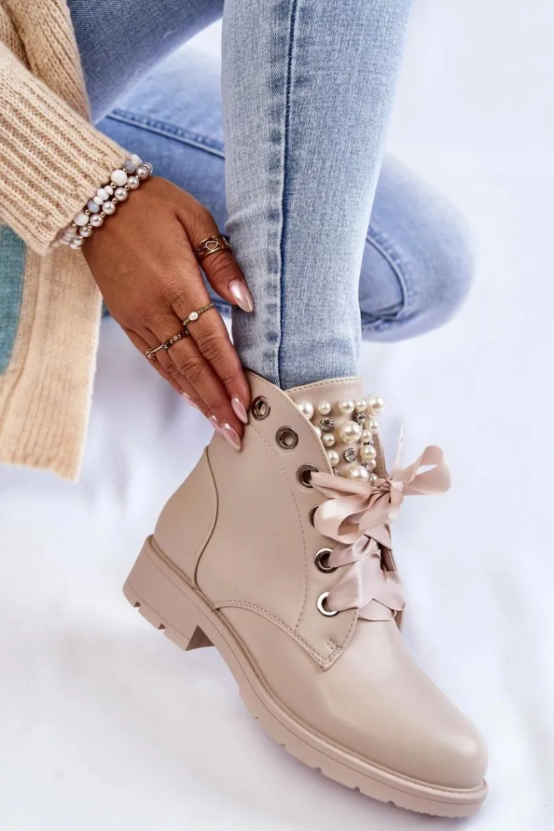 New Boto Skórzane Ocieplane Botki Na Suwak Z Perłami Beżowe Raiso
