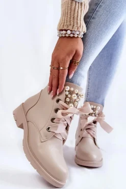 New Boto Skórzane Ocieplane Botki Na Suwak Z Perłami Beżowe Raiso