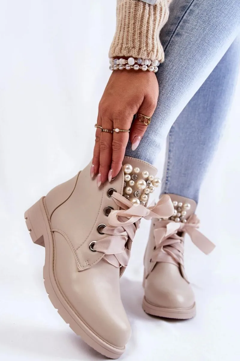 New Boto Skórzane Ocieplane Botki Na Suwak Z Perłami Beżowe Raiso