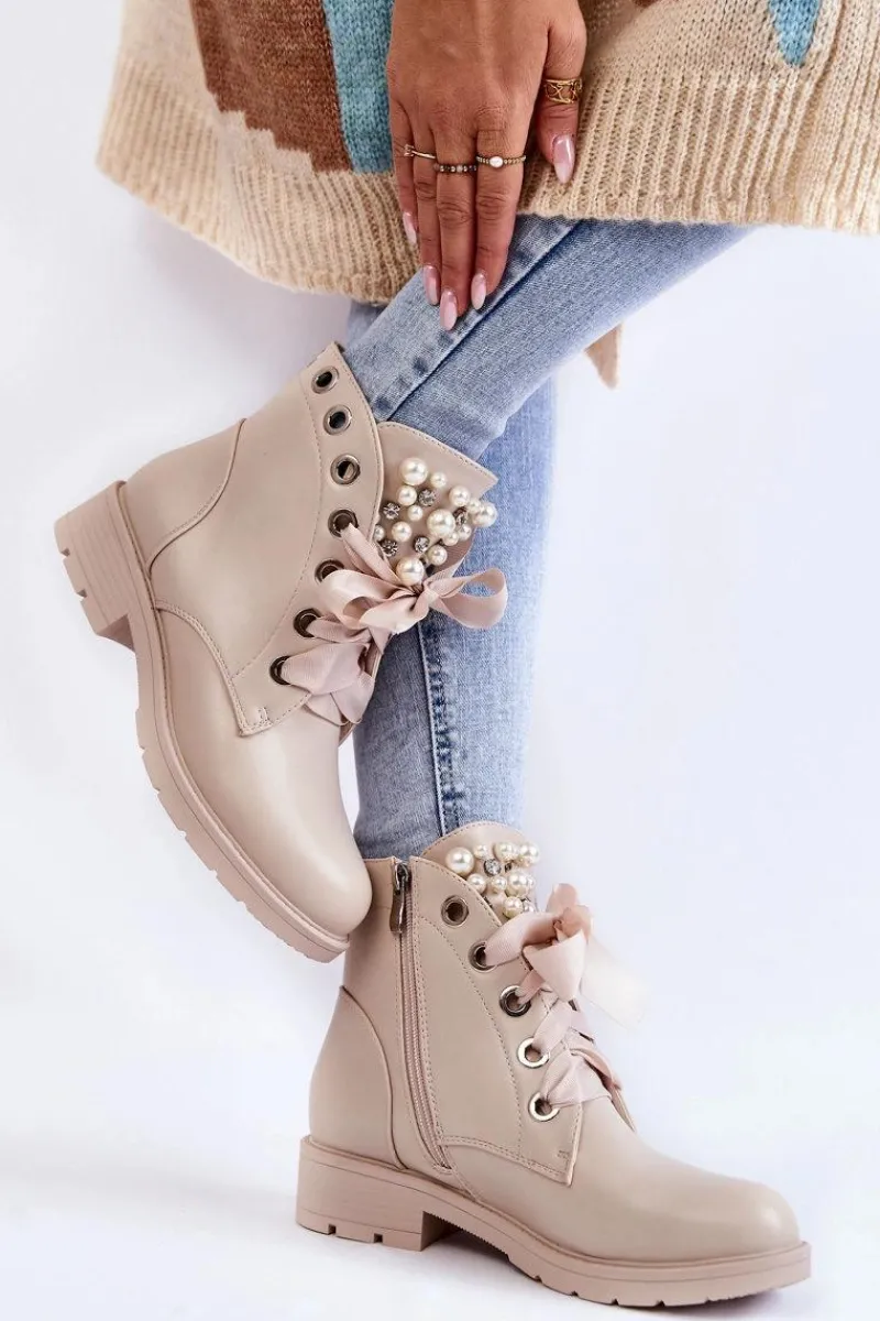 New Boto Skórzane Ocieplane Botki Na Suwak Z Perłami Beżowe Raiso