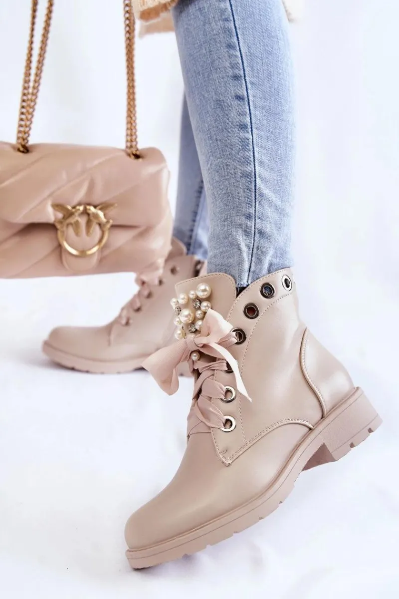 New Boto Skórzane Ocieplane Botki Na Suwak Z Perłami Beżowe Raiso