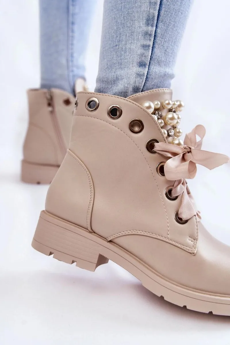 New Boto Skórzane Ocieplane Botki Na Suwak Z Perłami Beżowe Raiso