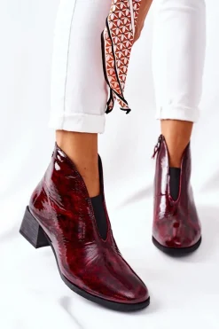 Discount Skórzane Ocieplane Botki Na Obcasie 04777-23 Bordo Damskie Botki Maciejka|Botki Na Słupku