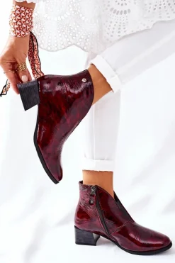 Discount Skórzane Ocieplane Botki Na Obcasie 04777-23 Bordo Damskie Botki Maciejka|Botki Na Słupku