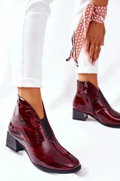 Discount Skórzane Ocieplane Botki Na Obcasie 04777-23 Bordo Damskie Botki Maciejka|Botki Na Słupku