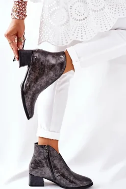 Sale Maciejka Skórzane Ocieplane Botki Na Obcasie 04777-13 Popielate