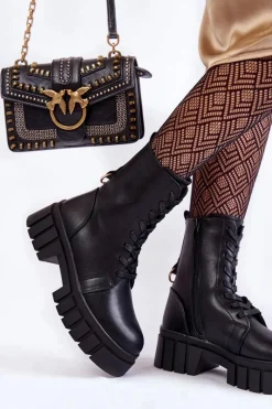 New Buty Sergio Leone Skórzane Ocieplane Botki Na Platformie Czarne Telisa