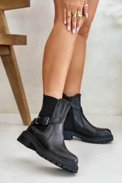 Skórzane Ocieplane Botki Sztyblety Z Paskiem Sergio Leone TR719-S Czarne Damskie Botki Ocieplane|Botki Zimowe Damskie