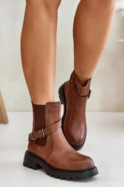 Outlet Skórzane Ocieplane Botki Sztyblety Z Paskiem Sergio Leone TR719-S Brązowe Damskie Botki Zimowe Damskie|Brązowe I Beżowe Botki