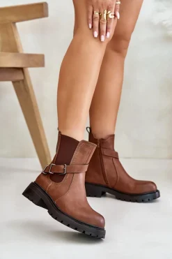 Outlet Skórzane Ocieplane Botki Sztyblety Z Paskiem Sergio Leone TR719-S Brązowe Damskie Botki Zimowe Damskie|Brązowe I Beżowe Botki