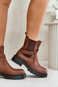 Outlet Skórzane Ocieplane Botki Sztyblety Z Paskiem Sergio Leone TR719-S Brązowe Damskie Botki Zimowe Damskie|Brązowe I Beżowe Botki