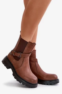 Outlet Skórzane Ocieplane Botki Sztyblety Z Paskiem Sergio Leone TR719-S Brązowe Damskie Botki Zimowe Damskie|Brązowe I Beżowe Botki