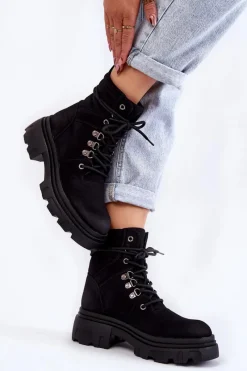 Best Evento Skórzane Ocieplane Botki Sznurowane Czarne Merisha