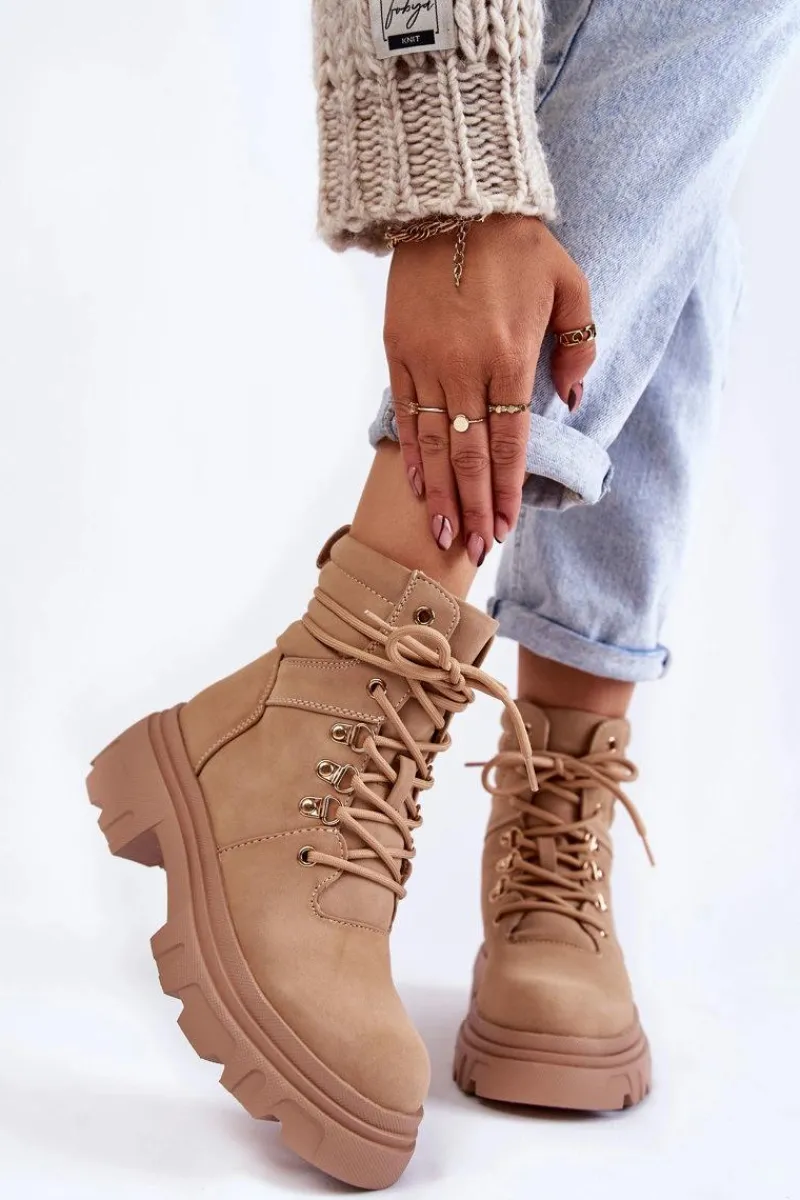 Botki Ocieplane|Damskie Trapery>Evento Skórzane Ocieplane Botki Sznurowane Beżowe Merisha Beżowy