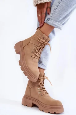 Botki Ocieplane|Damskie Trapery>Evento Skórzane Ocieplane Botki Sznurowane Beżowe Merisha Beżowy
