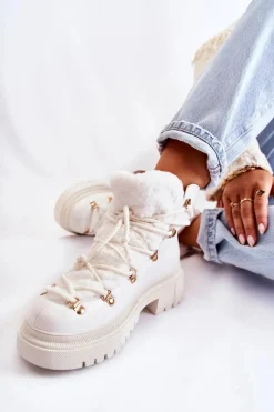 Hot Skórzane Ocieplane Botki Trapery Białe Arisa Damskie Damskie Trapery|Botki Sznurowane