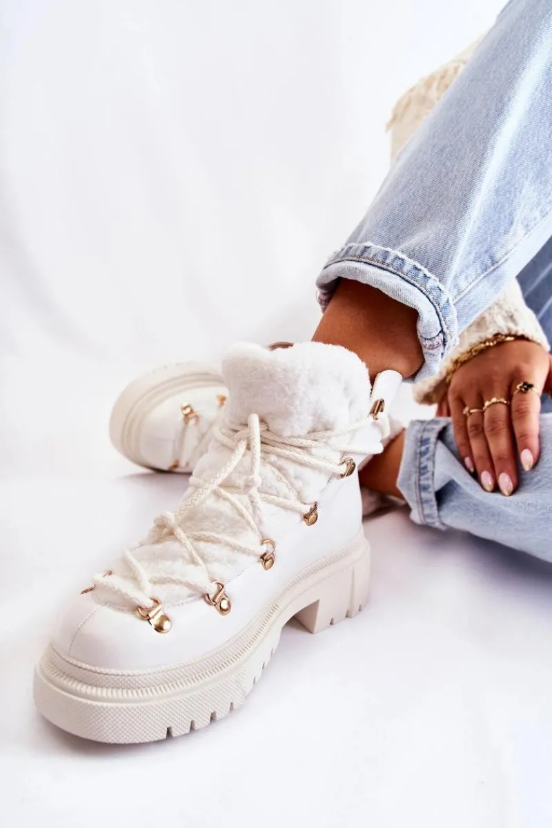 Hot Skórzane Ocieplane Botki Trapery Białe Arisa Damskie Damskie Trapery|Botki Sznurowane