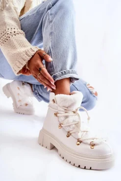 Hot Skórzane Ocieplane Botki Trapery Białe Arisa Damskie Damskie Trapery|Botki Sznurowane
