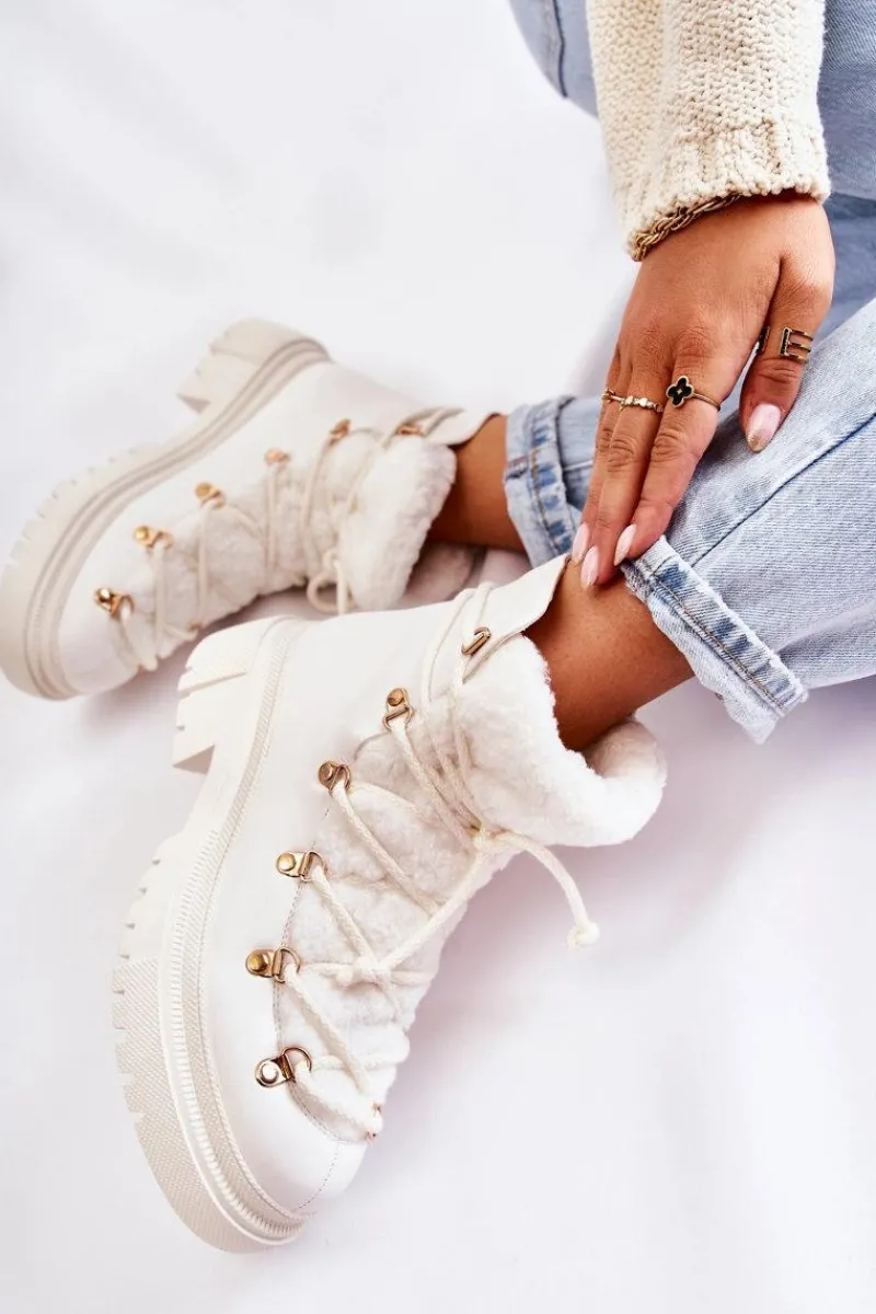 Hot Skórzane Ocieplane Botki Trapery Białe Arisa Damskie Damskie Trapery|Botki Sznurowane