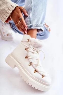Hot Skórzane Ocieplane Botki Trapery Białe Arisa Damskie Damskie Trapery|Botki Sznurowane