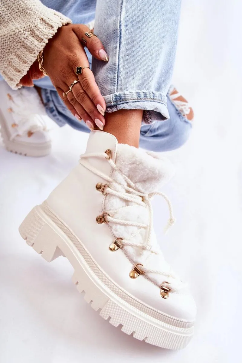 Hot Skórzane Ocieplane Botki Trapery Białe Arisa Damskie Damskie Trapery|Botki Sznurowane