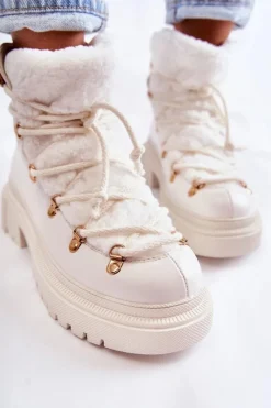 Hot Skórzane Ocieplane Botki Trapery Białe Arisa Damskie Damskie Trapery|Botki Sznurowane
