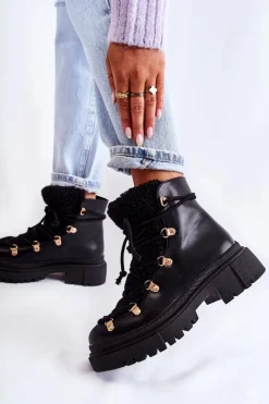 Damskie Trapery|Botki Sznurowane>Boto Skórzane Ocieplane Botki Trapery Czarne Arisa