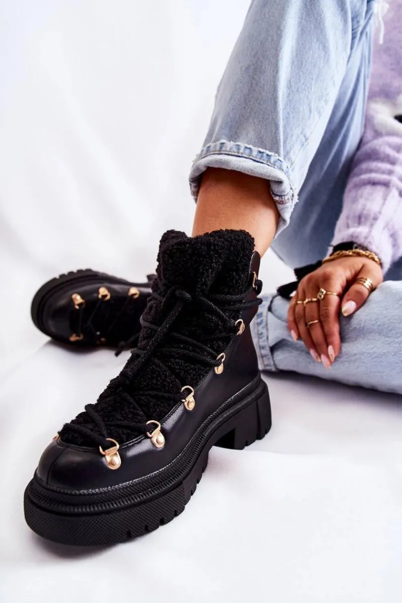 Damskie Trapery|Botki Sznurowane>Boto Skórzane Ocieplane Botki Trapery Czarne Arisa